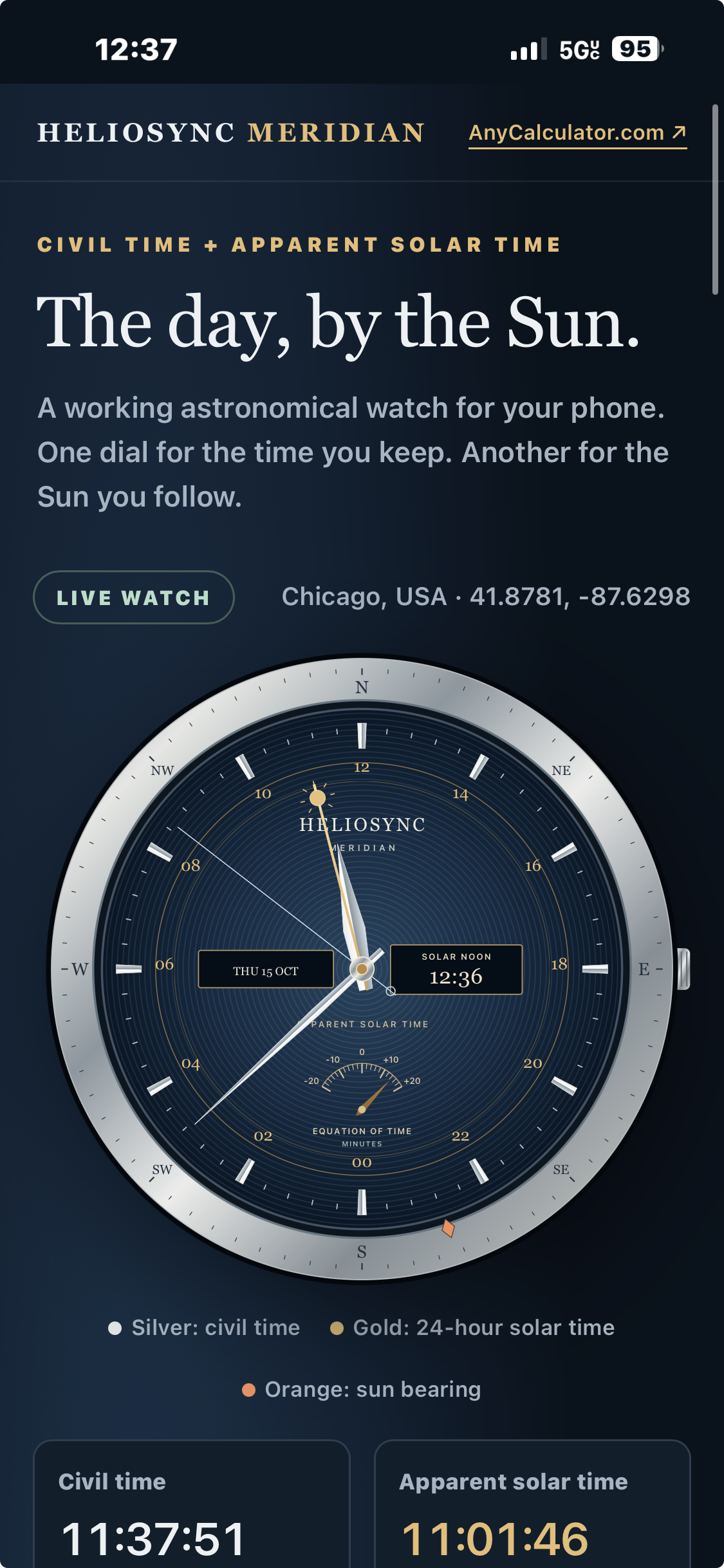 HelioSync Meridian Watch. A web app that displays both civil time and solar day.
